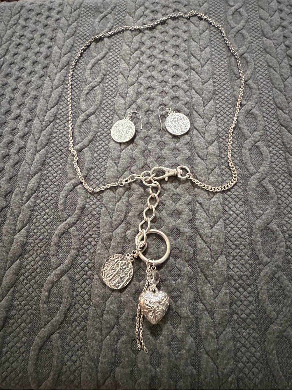 Silver-Tone Heart & Coin Charm Necklace with Matching Earrings